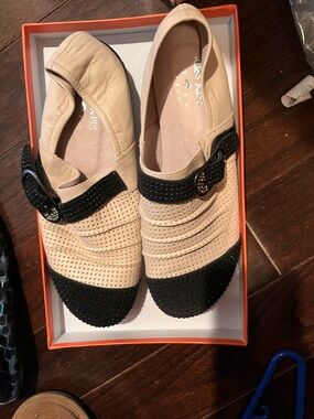Kissy Kissy Beige and Black Women's Slip-On Flats with Buckle Detail